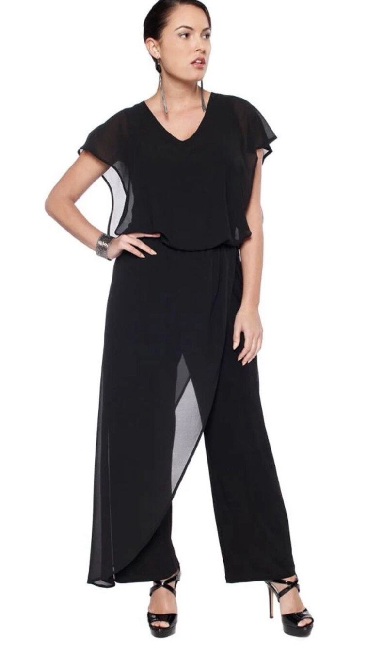 LAST TANGO Womens Jumpsuit Size Med Black Chiffon Overlay Vacation Travel Career